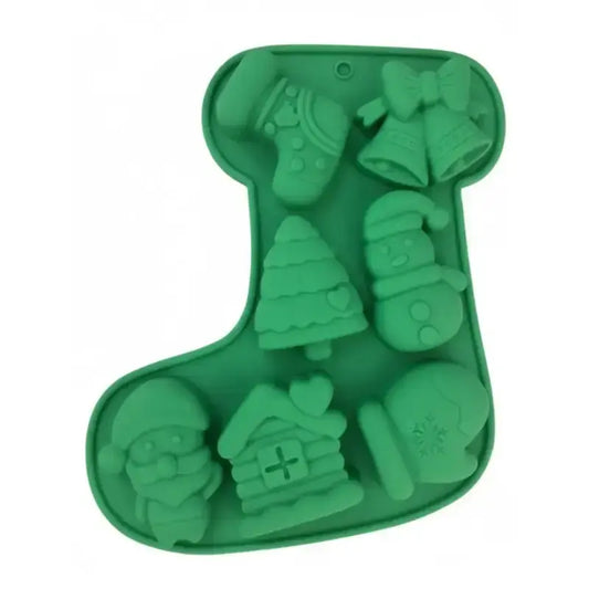 7 Cavity Christmas Stocking Shaped Mold – Santa Tree Snowman Bell Elements Cm005