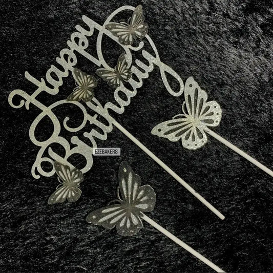 Multicolour Happy Birthday Topper Glitter With Butterflies Tpr087