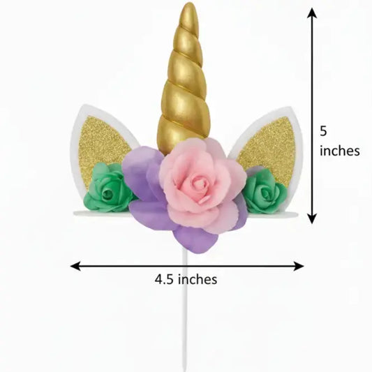 Unicorn Horn Floral Cake Topper – Gold Glitter With Pink Flower | Tpr131