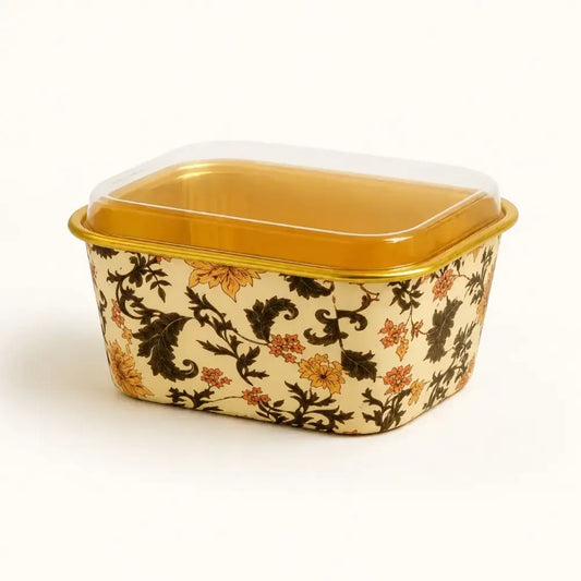 2603 4 Cl016 Square Floral Design Foil Cake Cup Gold Interior With Lid Pack Of 50 Ets